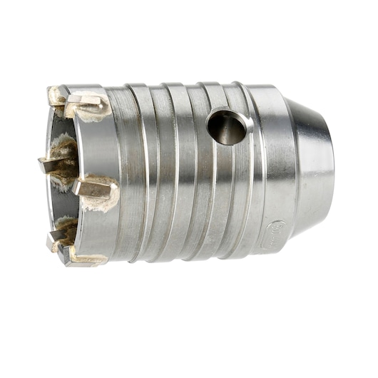 A close-up of a DEWALT DT6745 metal core drill bit with carbide teeth, designed for drilling through concrete and masonry.