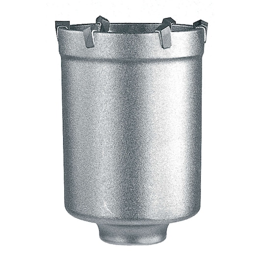 Silver cylindrical core drill bit with segmented cutting edge for masonry and concrete drilling.