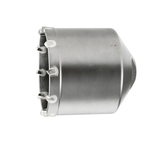 Metal core drill bit with cutting teeth, cylindrical shape, shown on white background.