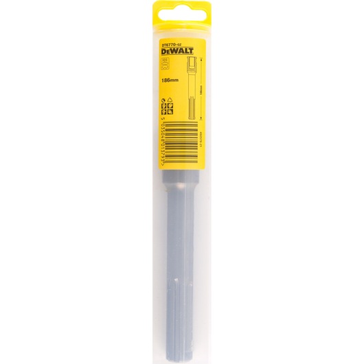 A DEWALT DT6770 product in its original packaging, showing a masonry chisel with a yellow label indicating a length of 186mm.
