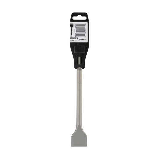 A DEWALT flat chisel with a wide blade, attached to its retail packaging. The chisel is designed for use with power tools.