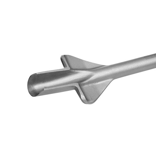 Close-up of a DEWALT flat chisel tool with a wide blade, metallic finish, and grooved sides for construction use.