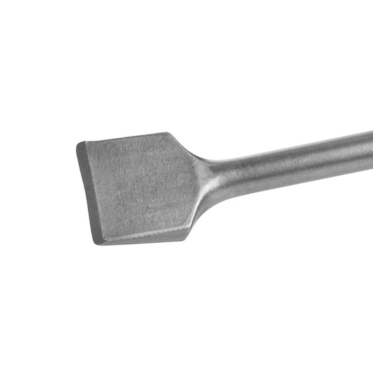 Close-up of a flat, wide chisel bit with a rectangular blade, used as a tool accessory for demolition or masonry work.