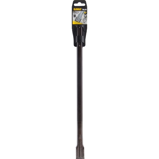 DEWALT DT6812 chisel with packaging, long black shaft and flat steel tip, shown vertically against a white background.