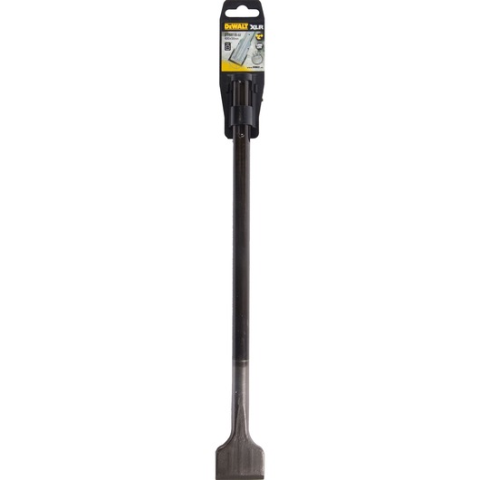 DEWALT DT6818 steel flat chisel for demolition, long shaft, shown in retail packaging.
