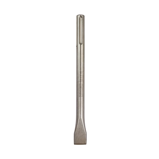 Flat SDS chisel for demolition, silver metal, compatible with hammer drills.