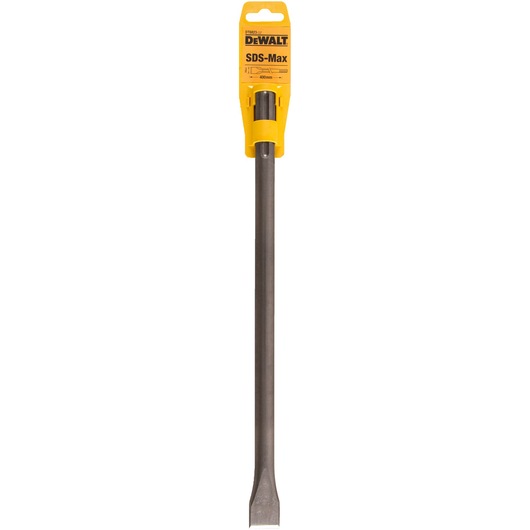 A DEWALT SDS-Max chisel with a flat tip, model DT6823, shown in its packaging. The long metal tool has a yellow and black label at the top indicating brand and specifications.