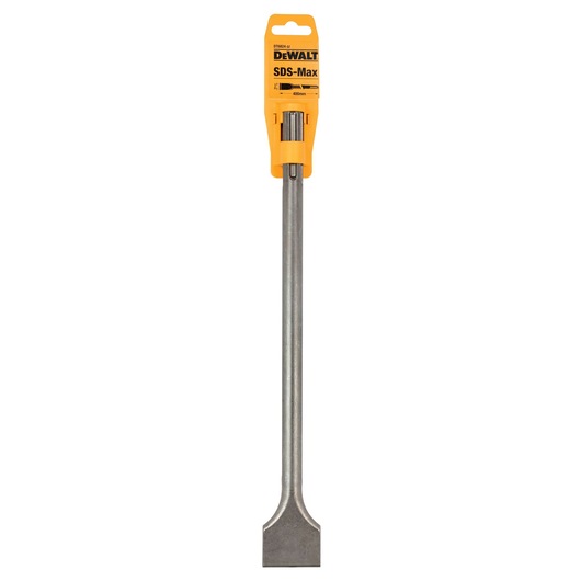 DEWALT SDS-Max chisel with flat blade and metal shaft, DT6824 SKU, in yellow packaging.
