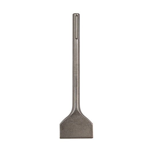 Metal flat chisel for demolition, with wide blade and cylindrical shank, used in construction applications.