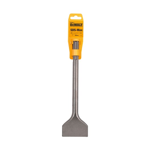 DEWALT SDS-Max chisel with wide flat blade and yellow packaging, suitable for heavy-duty drilling.