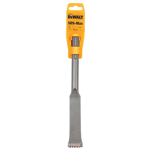 DEWALT SDS-Max chisel with yellow packaging, 250mm length, shown upright against a white background.