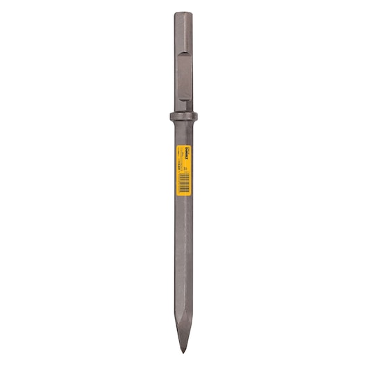 DEWALT DT6927 pointed chisel bit for demolition tools, shown with yellow label on shaft against white background.