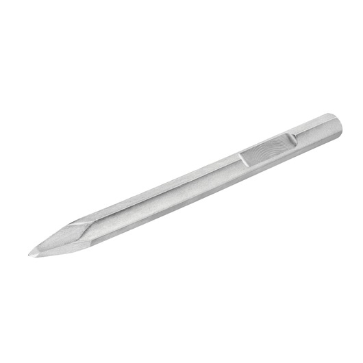 Metal pointed chisel bit, used for breaking and demolition with compatible power tools. Silver color, isolated background.