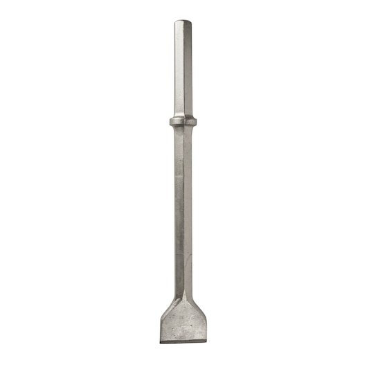 A flat chisel with a hexagonal shank, made of metal, used for breaking or cutting hard materials such as concrete or masonry.
