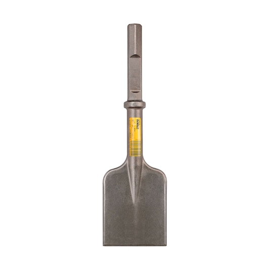 A DEWALT flat spade chisel with a wide blade and SDS-Max shank, used for heavy-duty demolition and removal of materials.