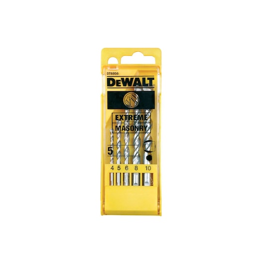 A yellow DEWALT DT6956 Extreme Masonry Drill Bit Set in plastic packaging, containing five drill bits of various sizes for masonry work.