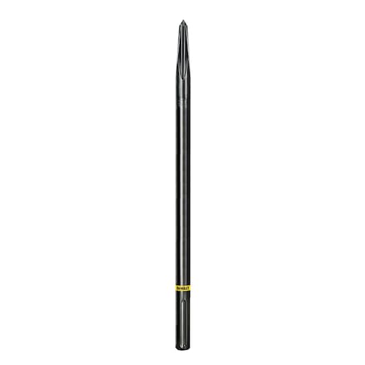 A DEWALT SDS Max pointed chisel with a long, solid metal body and a sharp pointed tip, used for heavy-duty construction or demolition work.