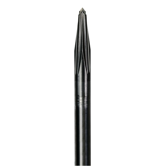 A close-up of a metal screw extractor tool with multiple sharp cutting edges, photographed against a white background.