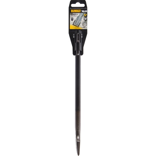 DEWALT DT6984 pointed chisel for hammer drills, black steel, in retail packaging.
