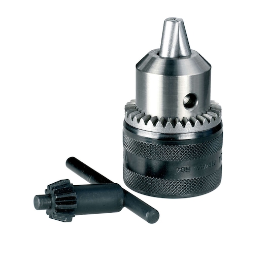 Metal drill chuck with two keys shown on a white background.