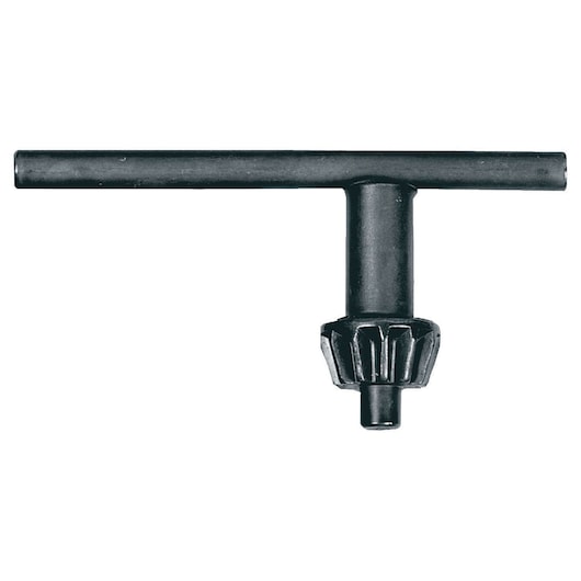 Black metal drill chuck key tool, T-shaped for tightening or loosening a drill chuck.