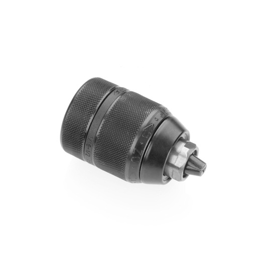 Black drill chuck accessory for power tools, textured grip, photographed on white background.