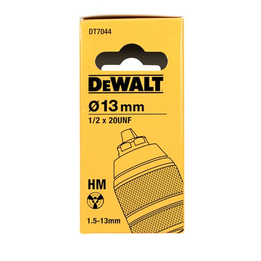 DEWALT DT7044 box for a 13 mm drill chuck, yellow packaging with product details and illustration.