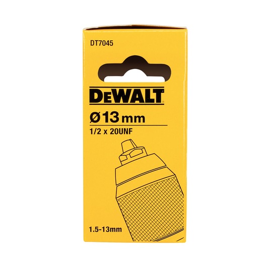 DEWALT DT7045 yellow box for a 13mm drill chuck, 1/2 x 20UNF, fits 1.5-13mm, with an illustration of the product.