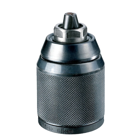 A black metal drill chuck with textured grip, used for securing drill bits in power tools.