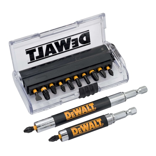 DEWALT screwdriver bit set with case and two magnetic bit holders, shown on a white background.