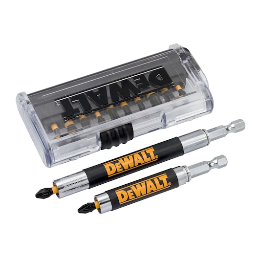 DEWALT screwdriver bit set with clear case and two extension holders, suitable for various screwdriving tasks.