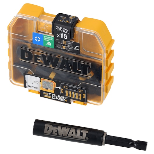 A DEWALT DT70522T photography accessory kit in a yellow and transparent plastic case, shown with one black DEWALT adapter piece placed beside the case.