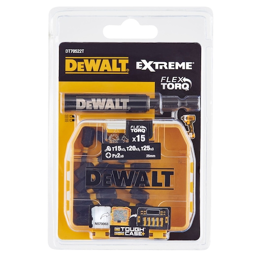 DEWALT Extreme Flex Torq x15 bit set in TOUGH CASE+ packaging, showing bits for T15, T20, T25, and Pz2. The transparent plastic packaging displays the DEWALT logo and details about the included accessories.