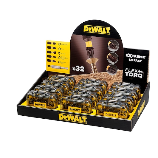 DEWALT Flex Torq Extreme Impact 32-piece bit set display box with multiple cases arranged.