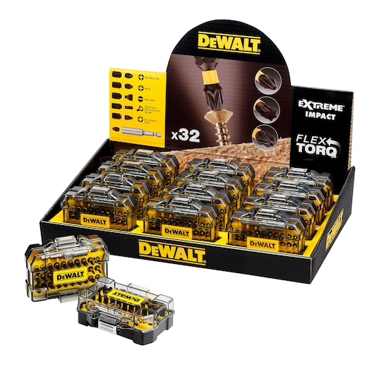 DEWALT display of 32-piece screwdriver bit sets in yellow-black cases, for Extreme Impact FlexTorq.