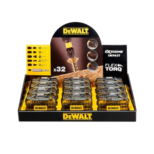 DEWALT 32-piece screwdriver bit set display box with yellow branding and multiple transparent cases.