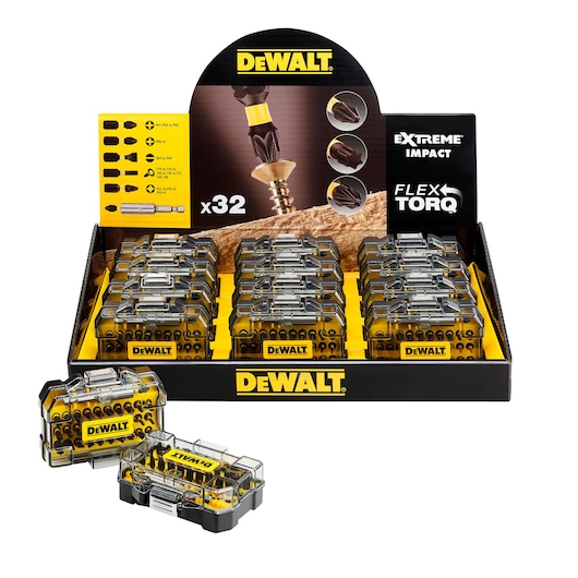 DEWALT display box with multiple 32-piece screwdriver bit sets in transparent cases. Extreme Impact FLEXTORQ branding.
