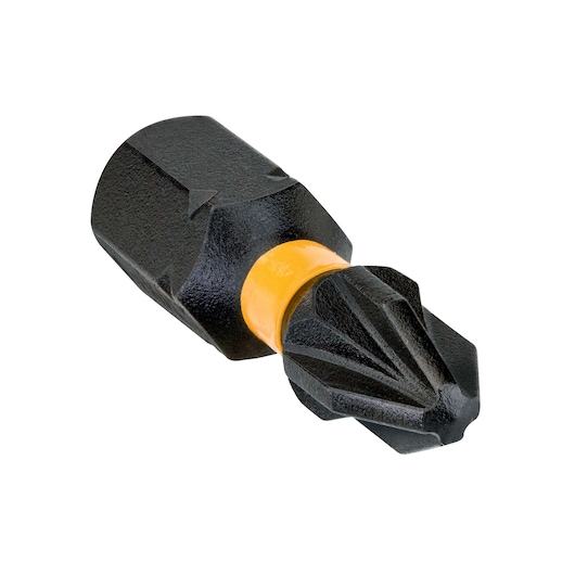 A close-up image of a single black and yellow DEWALT screwdriver bit with a ribbed and grooved tip, designed for use with power tools.