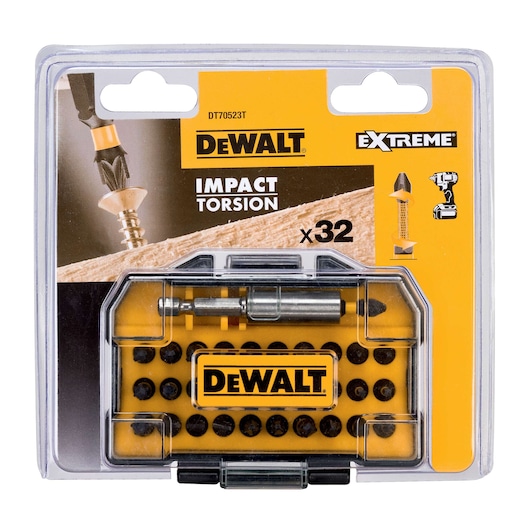 Packaged DEWALT DT70523T Extreme Impact Torsion bit set, containing 32 pieces for use with power drills, displayed in a clear plastic case with yellow and black branding.
