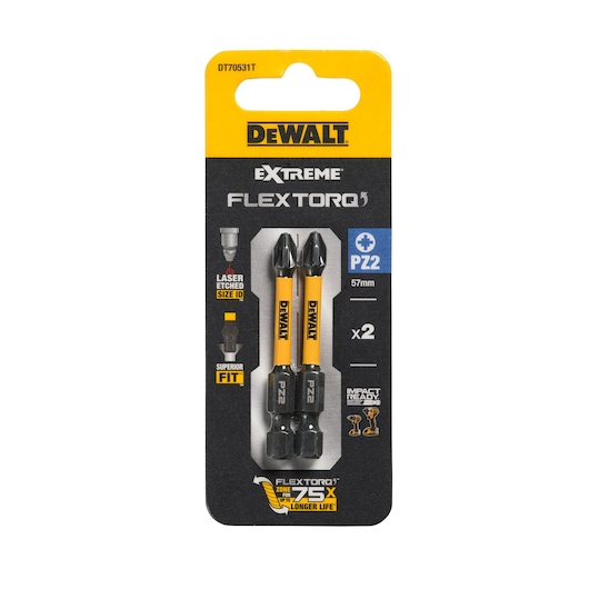 DEWALT FlexTorq Extreme PZ2 screwdriver bits, pack of 2, 57mm, yellow and black packaging.