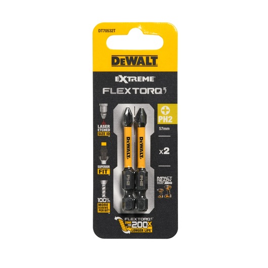 DEWALT DT70532T FlexTorq PH2, pack of two 57mm screwdriver bits, impact ready, in black and yellow packaging.