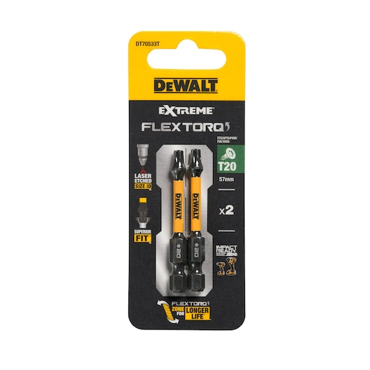 DEWALT DT70533T pack with two T20 FLEXTORQ screwdriver bits, 57mm, for impact drivers.