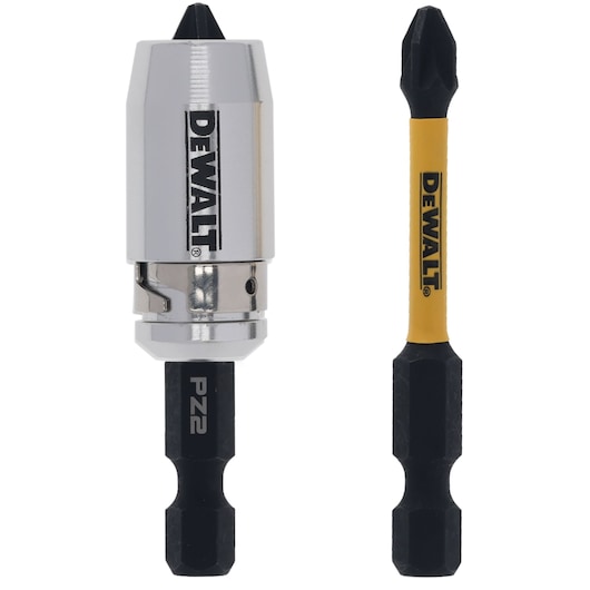DEWALT DT70535T drill bit holder and screwdriver bit with DEWALT branding, shown side by side.