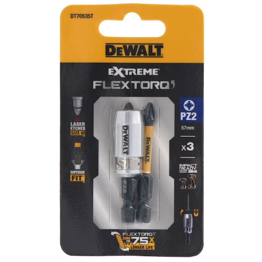 A retail package of DEWALT Extreme FlexTorq PZ2 57mm screwdriver bits, including three bits designed for impact drivers, with laser-etched size identification and superior fit features.