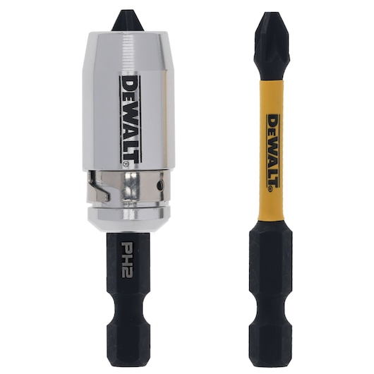 DEWALT DT70536T screwdriver bit set with silver holder and PH2 yellow and black bit shown upright.