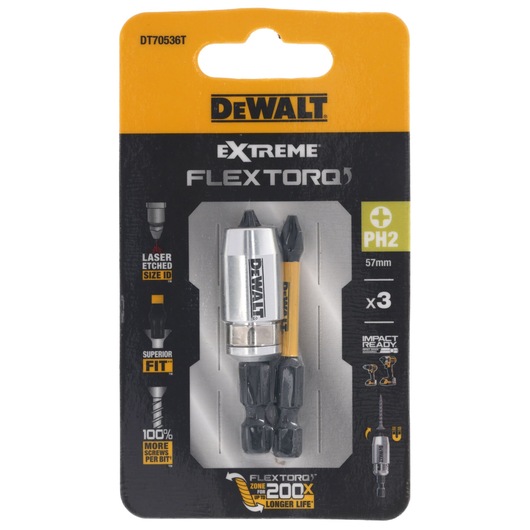 DEWALT DT70536T Extreme FLEXTORQ PH2 57mm screwdriver bits set, impact ready, pack of three.