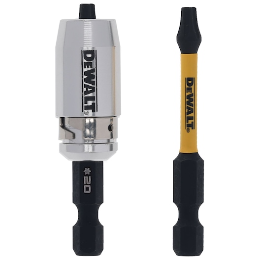 DEWALT DT70537T bit holder and screwdriver bit set shown side by side on a white background.