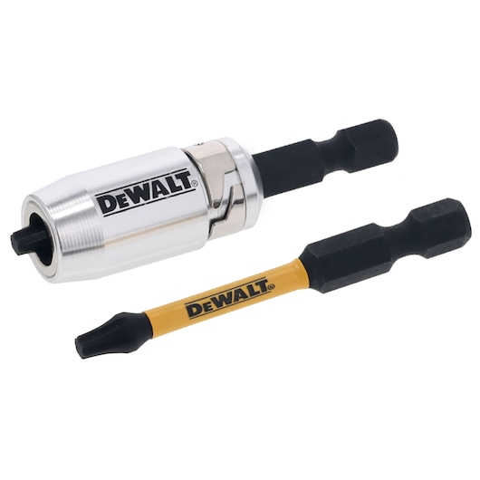 DEWALT magnetic bit holder and screwdriver bit, black and yellow, shown on a white background.