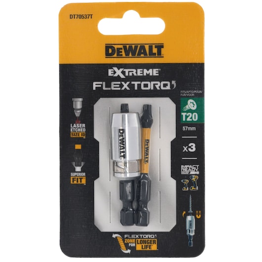 DEWALT Extreme FlexTorq T20 screwdriver bits, 57mm, 3-pack in retail packaging.