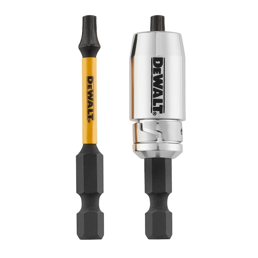 Two DEWALT screwdriver bits, one yellow and one metallic, shown upright against a white background.